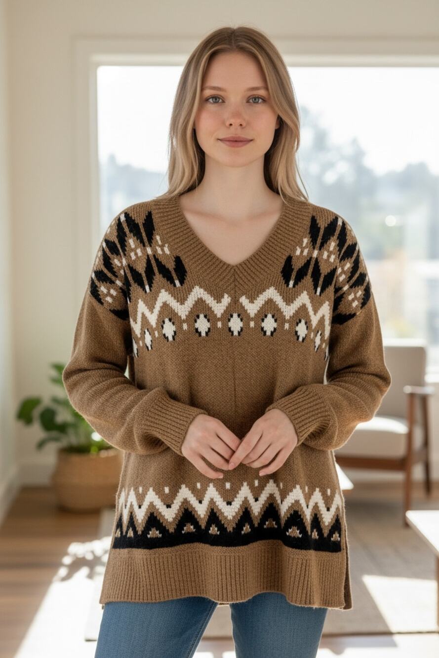 OLD NAVY Slouchy Fair Isle V-Neck Tunic Sweater NEW Size XS Oversized Fit